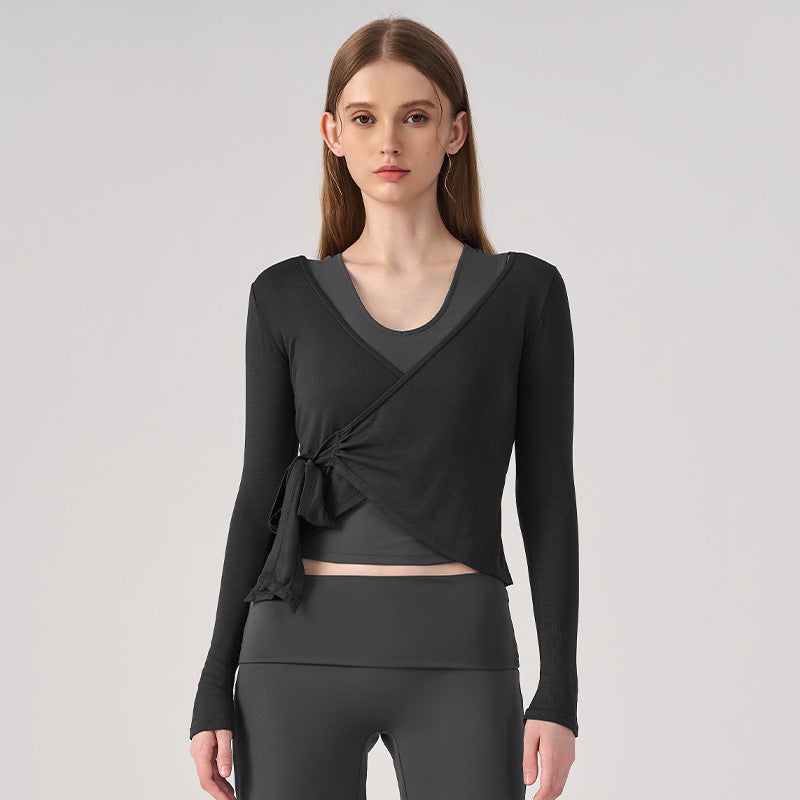 Wholesale Women’s Wrap Yoga Top | Thin Long-Sleeve Crossover Cardigan for Pilates & Activewear | fouregg - Black