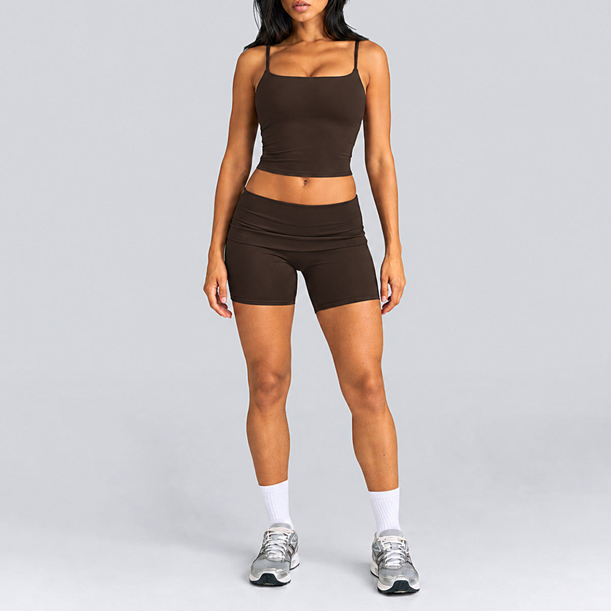 Wholesale Women’s Activewear Set | Quick-Dry Backless Tank Top & Slimming High-Waisted Workout Pants | fouregg - Tank Top + Shorts, Root Brown