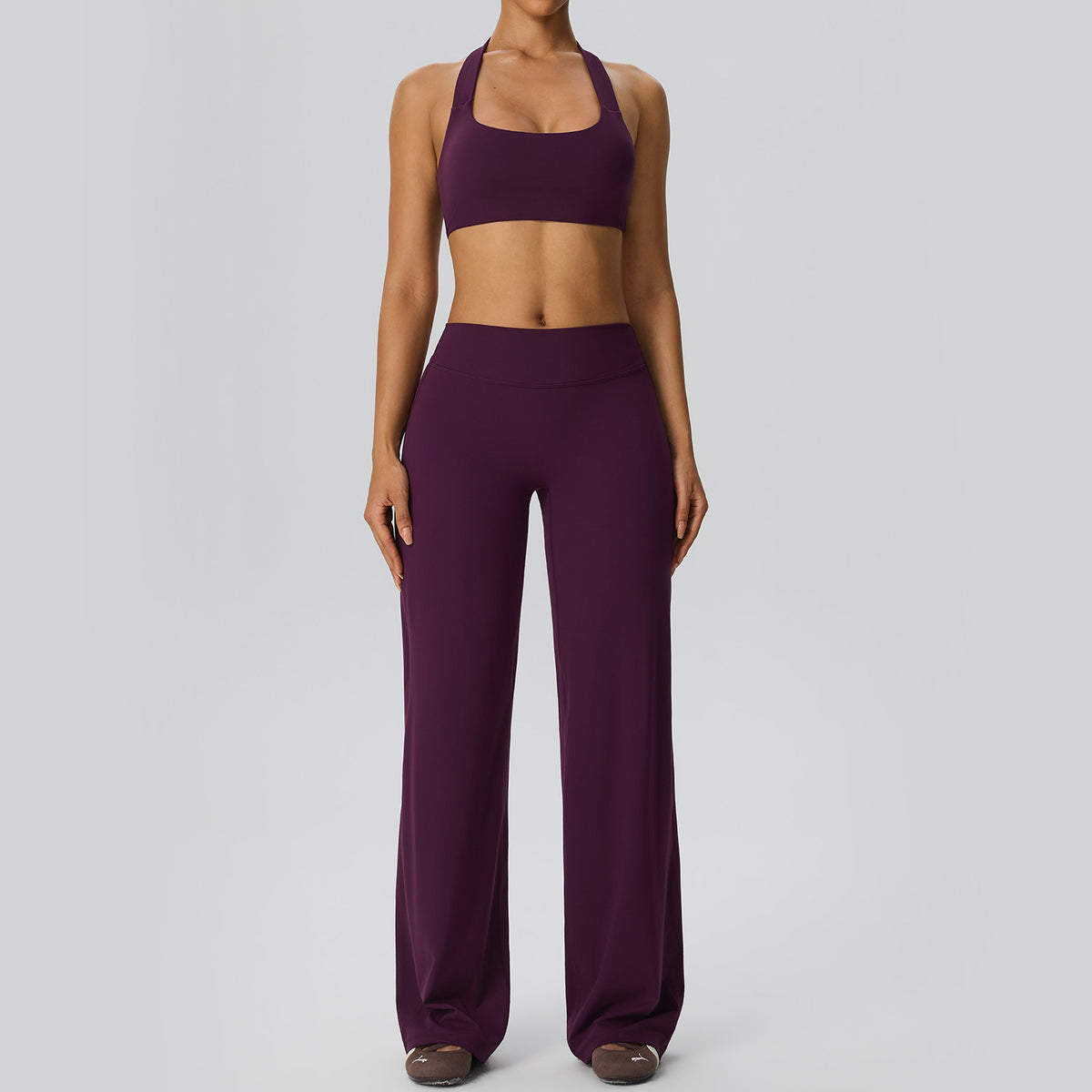Wholesale Women’s 2-Piece Yoga Set | Bulk Halter Sports Bra & Loose Workout Pants | fouregg - Plum Purple