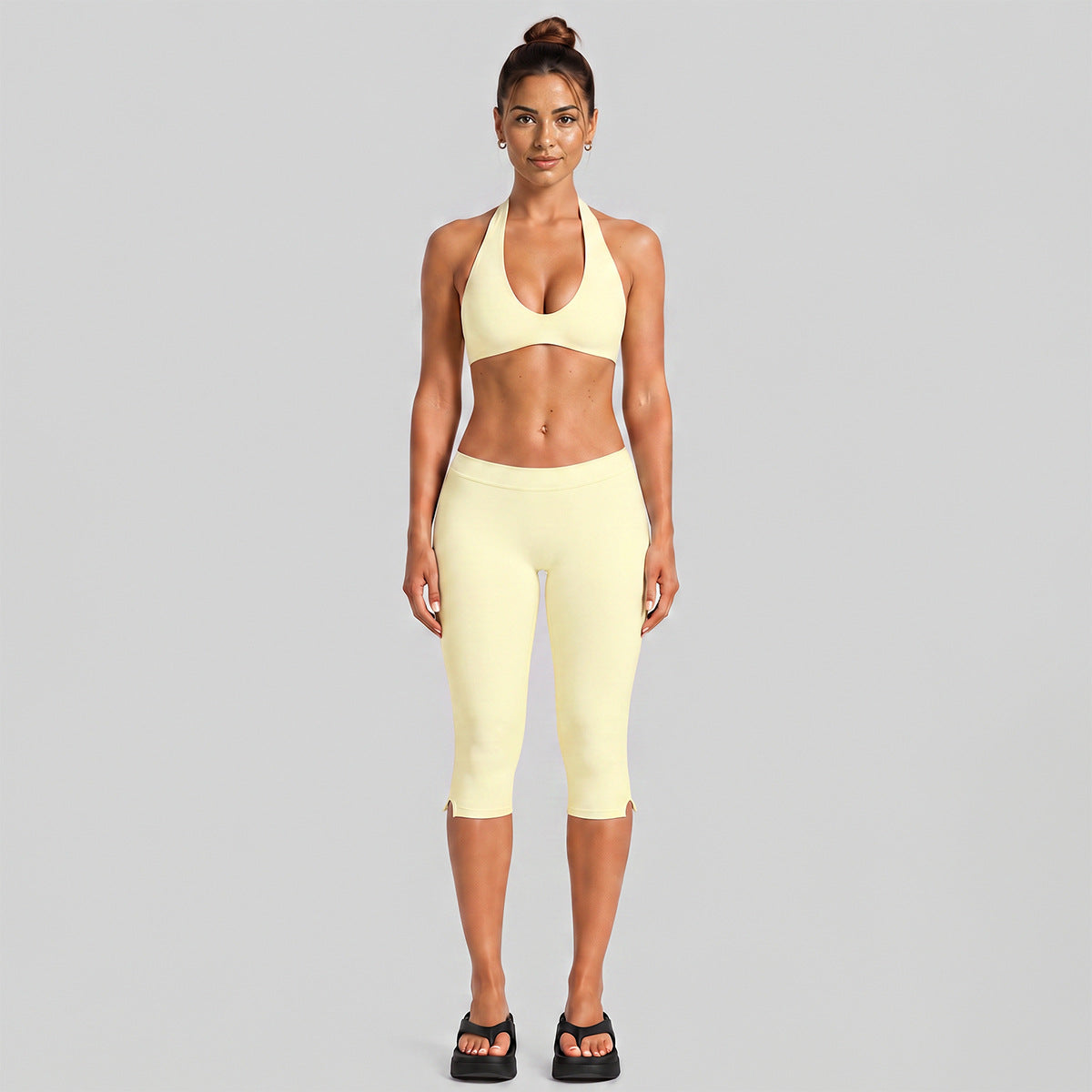 Wholesale Women’s Activewear Set | Halter Workout Top & Capri Pants for Running, Cycling & Pilates | fouregg - Cream Yellow