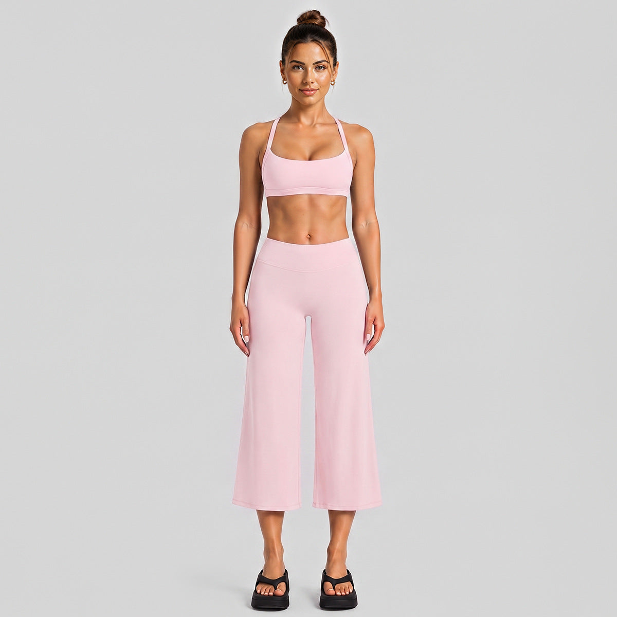 Wholesale Women’s Activewear Set | Halter Neck Sports Bra for Running, Cycling & Pilates | fouregg - Wide-Leg Mid-Length Set, Pink