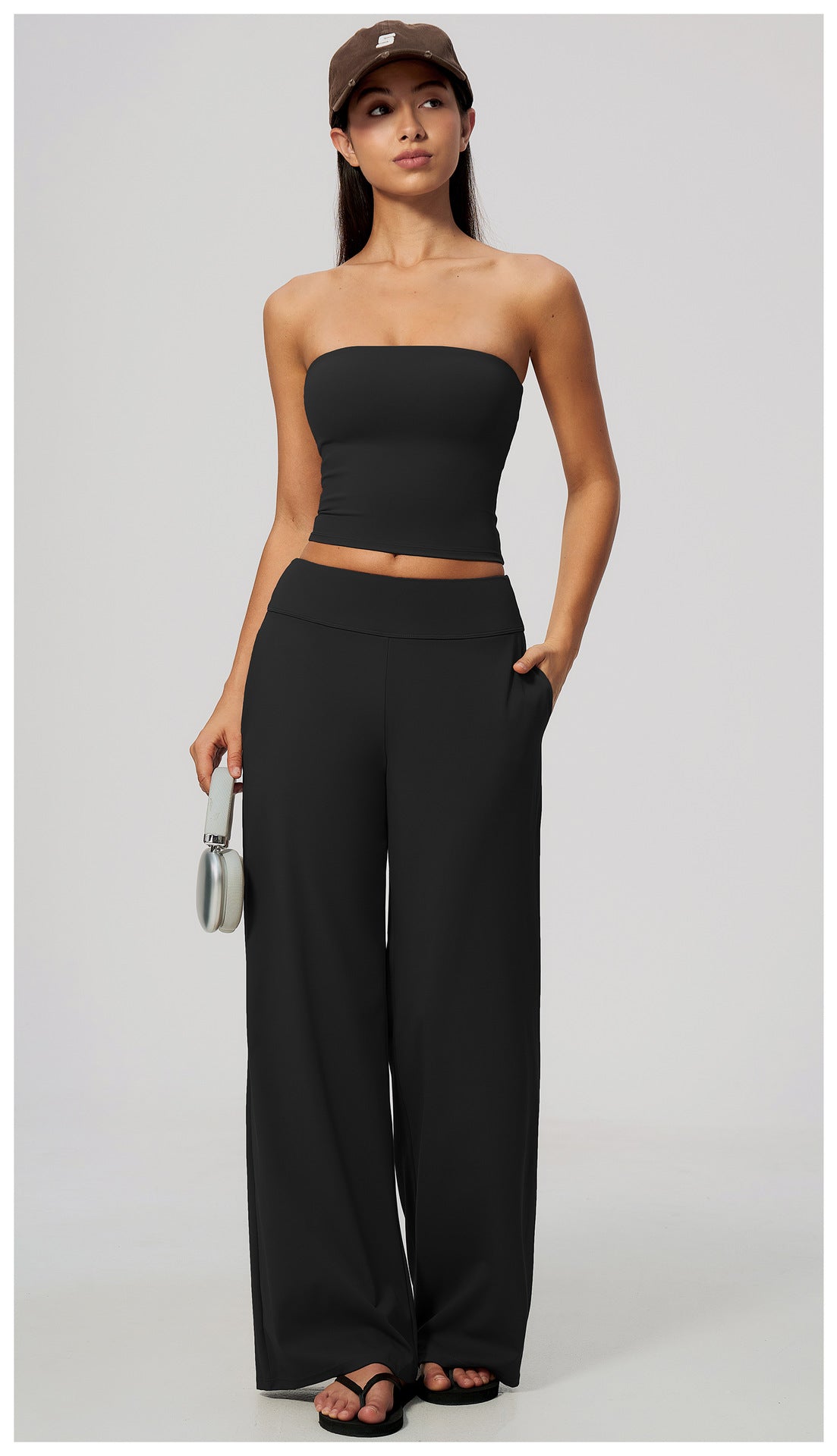 Wholesale Women’s Brushed 2-Piece Set | Strapless Sports Top & Relaxed Wide-Leg Pants 8793 | fouregg
