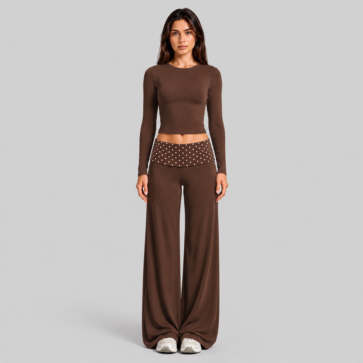 Wholesale Women’s Activewear Set | Fitted Sports Tank & Color-Block Polka Dot Workout Pants | fouregg - 1356 Long Sleeve + 6181 Pants Dark Coffee Brown