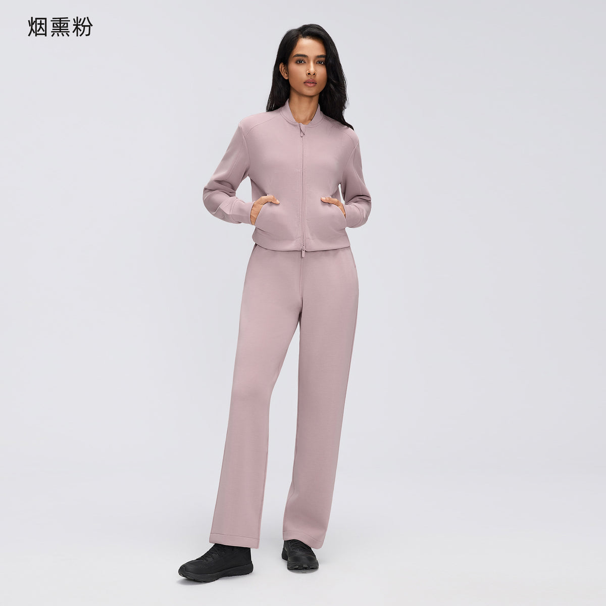 Wholesale Women’s Casual Activewear Set | Relaxed Cropped Sports Jacket & Straight-Leg Trousers | fouregg - Smoky Pink D26156+D26157