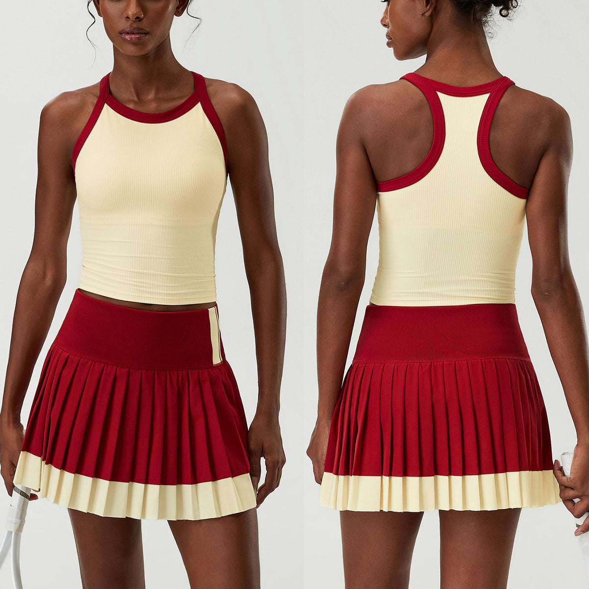 Wholesale Women’s Pleated Athletic Skirt | Plus-Size Tennis, Running & Badminton Skort | fouregg - YB624 Tank Top + SP669 High-Waisted Tennis Skirt Set Ankara Red