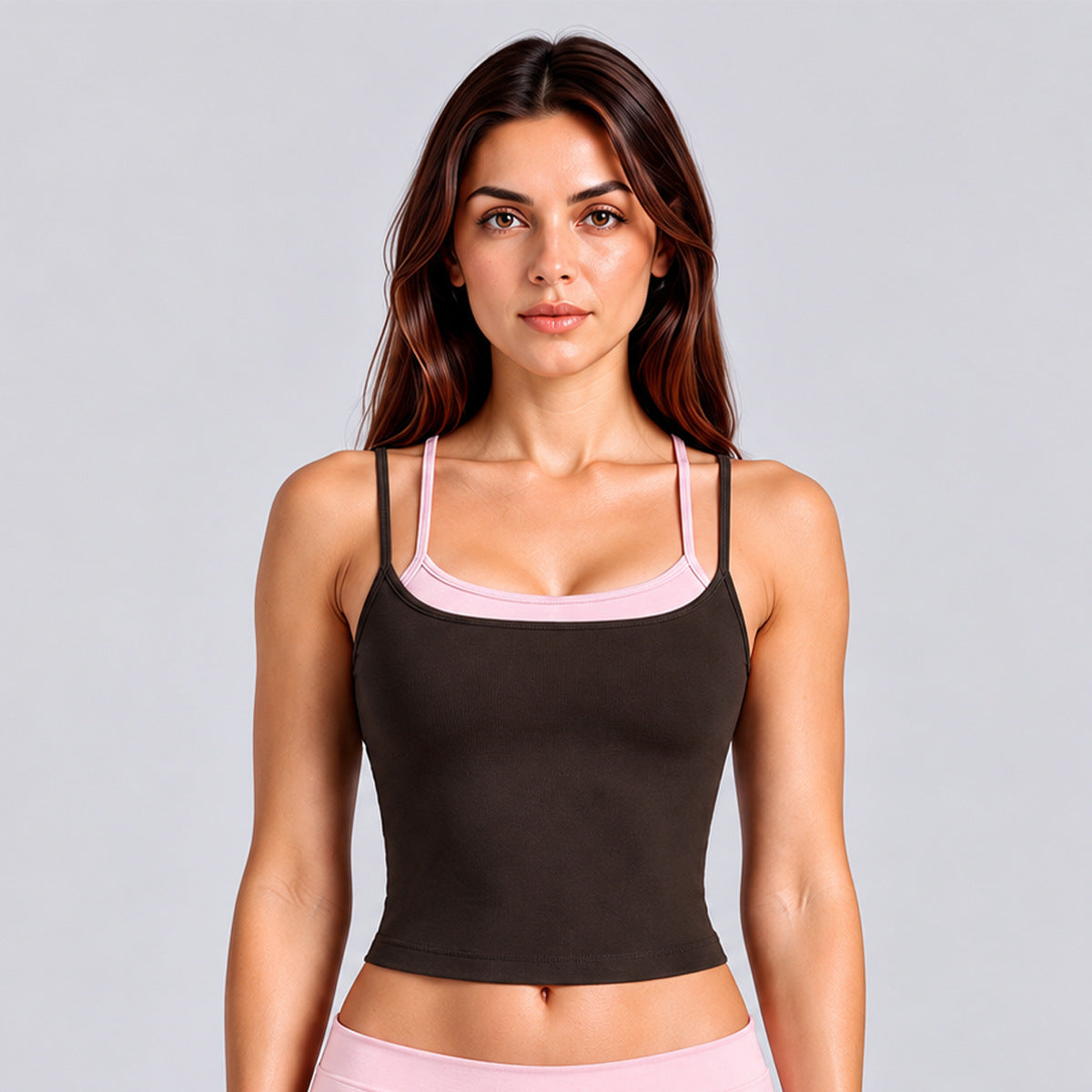 Wholesale Women’s Activewear Set | Layered Sports Tank & High-Waisted Workout Pants | fouregg - Tank top, Root Brown and Pink
