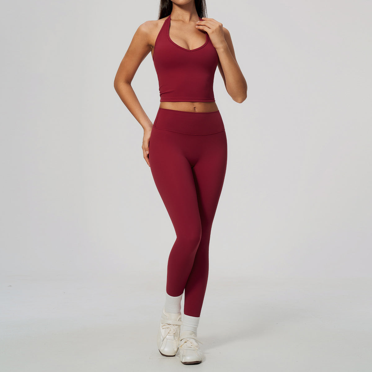 Wholesale Women’s Quick-Dry Activewear Set 5529 | Halter Tank & Sculpting Yoga Pants | fouregg - 5529 Vest + 8519 Pants, Cherry Red