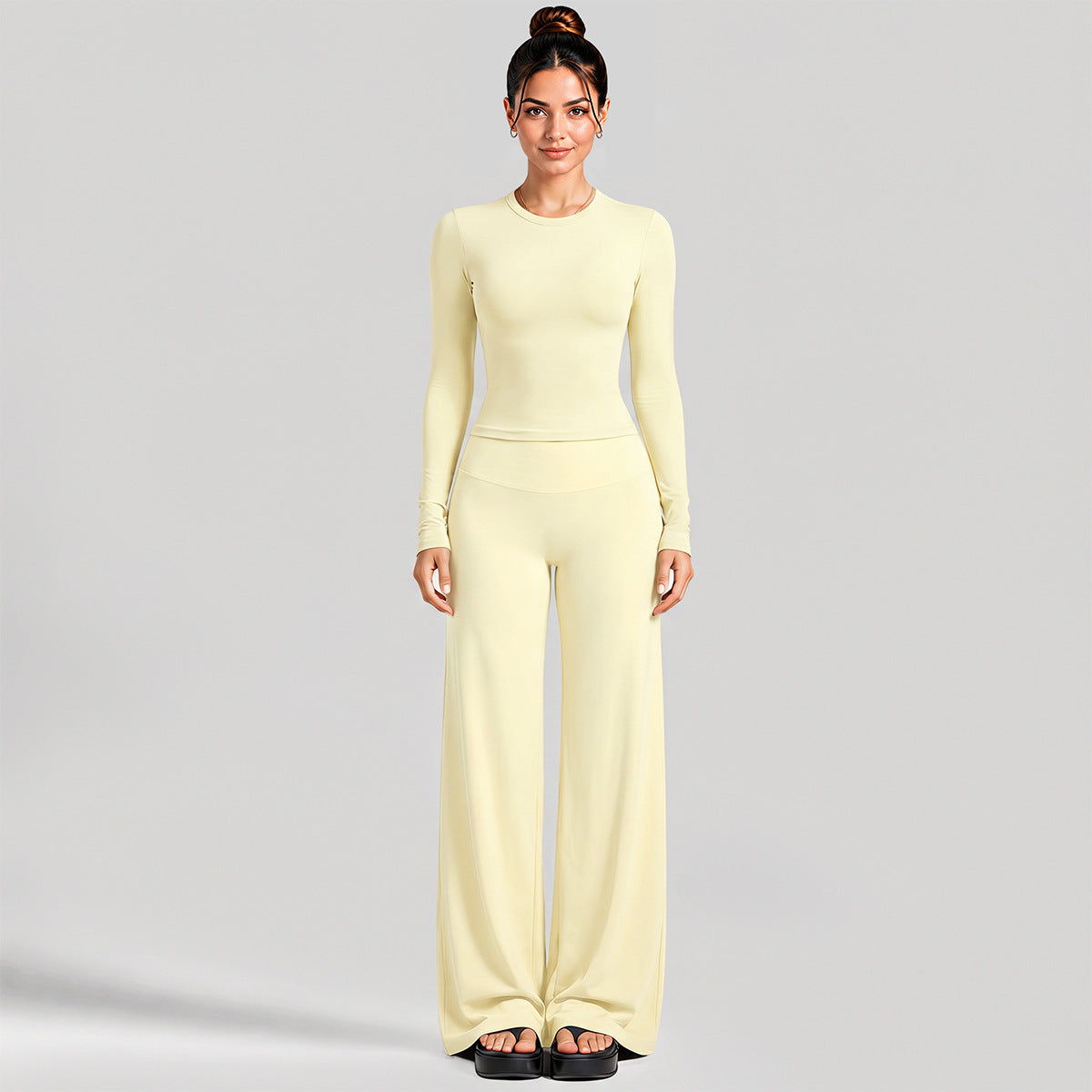Wholesale Women’s Activewear Set | Fitted Long Sleeve Tee & Loose Straight-Leg Workout Trousers | fouregg - Long Sleeve + Straight-Leg Pants, Cream Yellow