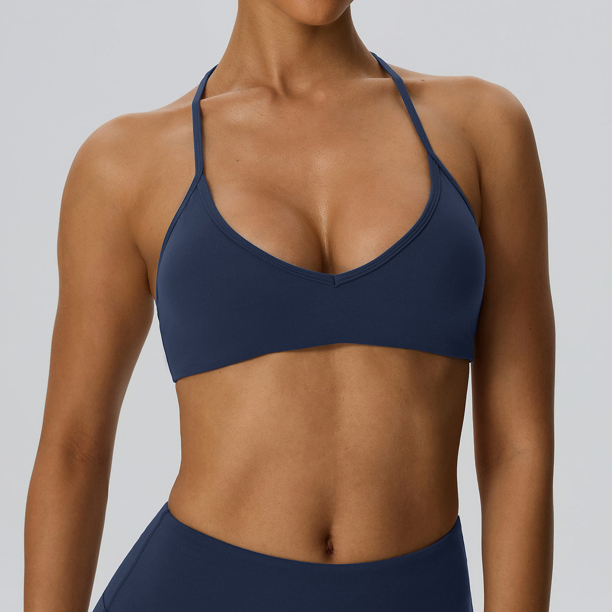 Wholesale Women’s Double-Brushed Sports Bra | Bulk V-Neck Halter Fitness & Yoga Wear 62767 | fouregg - NavyBlue