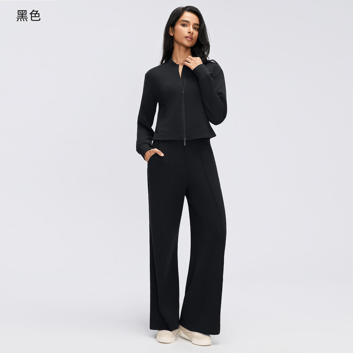 Wholesale Women’s Casual Activewear Set | Relaxed Cropped Sports Jacket & Straight-Leg Trousers | fouregg - Black D26156+D26159