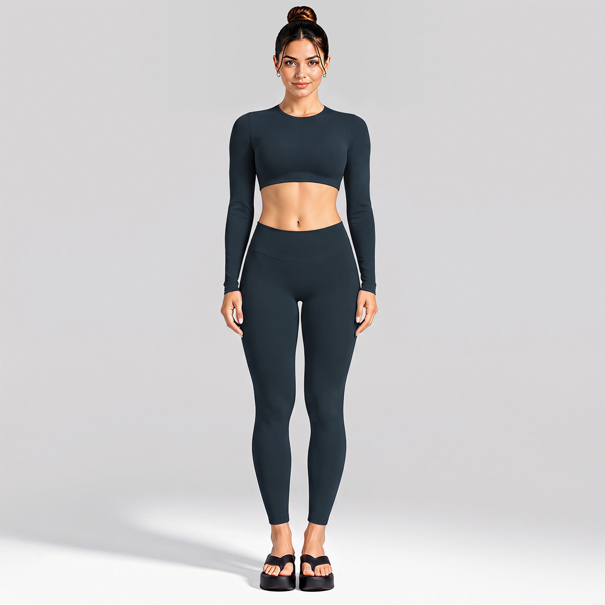 Wholesale Women’s Activewear Set | Cutout Back Long Sleeve Tee & High-Waisted Loose Pants | fouregg - Long Sleeve + Leggings Blueberry