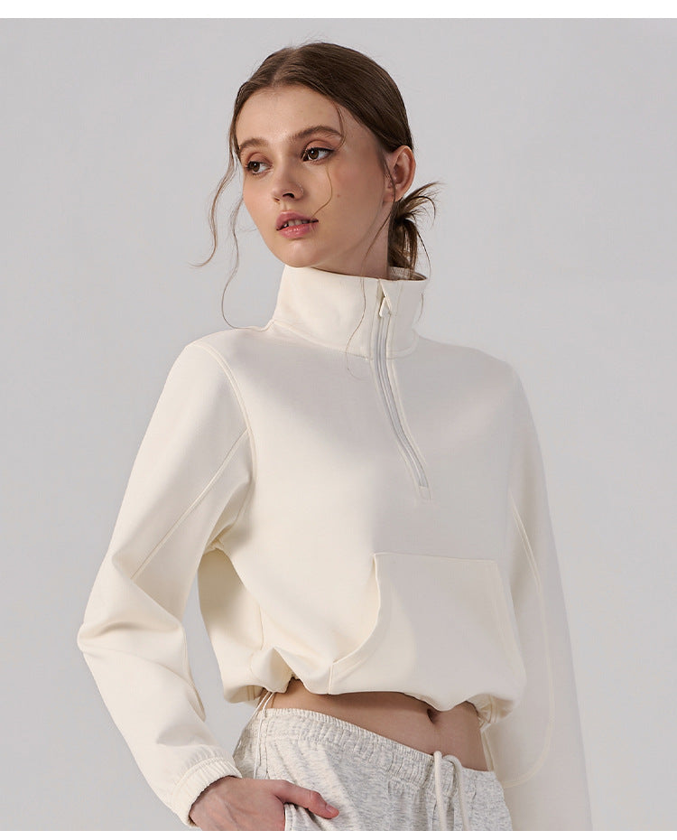 Wholesale Women’s Cropped Sweatshirt | Bulk Relaxed-Fit Half-Zip Workout Top | fouregg