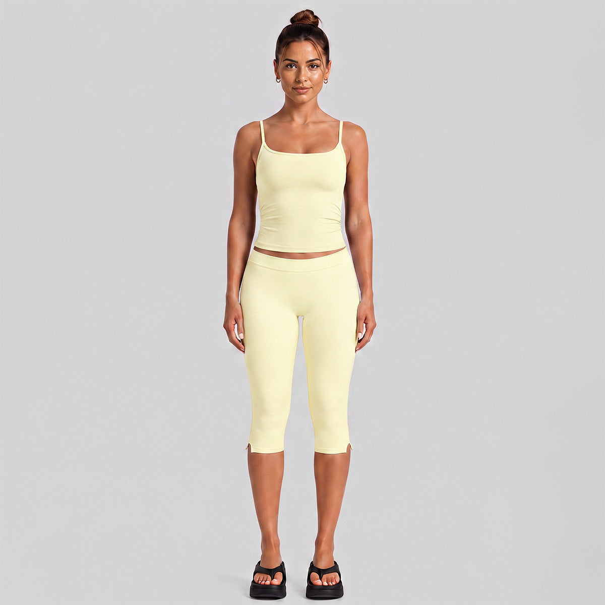 Wholesale Women’s Quick-Dry Activewear Set | Slim-Fit Dual-Strap Tank Top & 3/4-Length Cycling Pants | fouregg - Cream Yellow