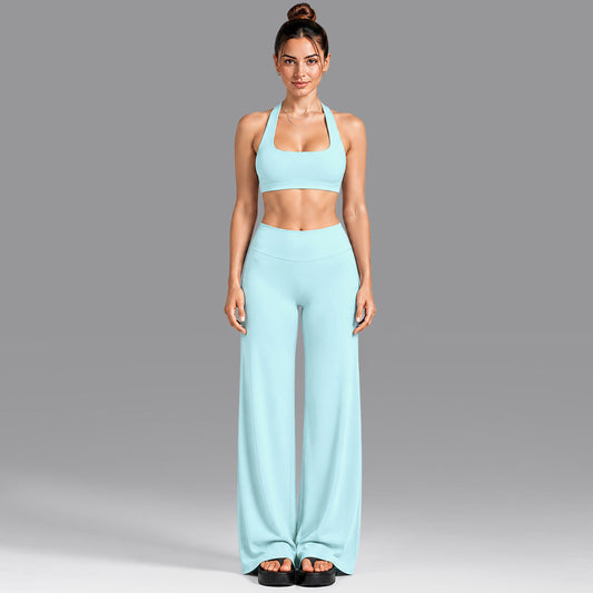 Wholesale Women’s Summer Activewear Set | Built-In Cup Halter Bra & Open-Back Pilates Outfit | fouregg - Underwear + Pants Light Blue