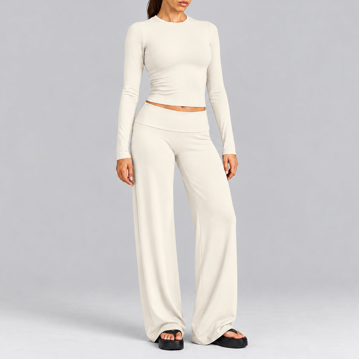 Wholesale Women’s Activewear Set | Fitted Long Sleeve Tee & Loose-Fit Foldover Waist Workout Pants | fouregg - Long Sleeve + Long Pants, Off-White