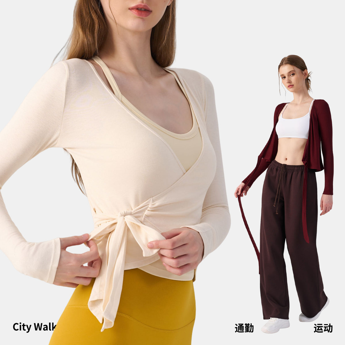 Wholesale Women’s Wrap Yoga Top | Thin Long-Sleeve Crossover Cardigan for Pilates & Activewear | fouregg
