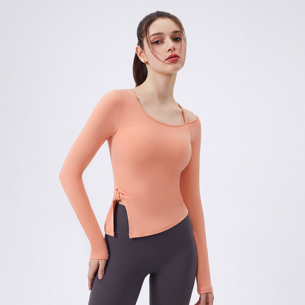 Wholesale Women’s Bow-Detail Workout Top | Split-Hem Off-Shoulder Running & Yoga Activewear | fouregg - Light Orange