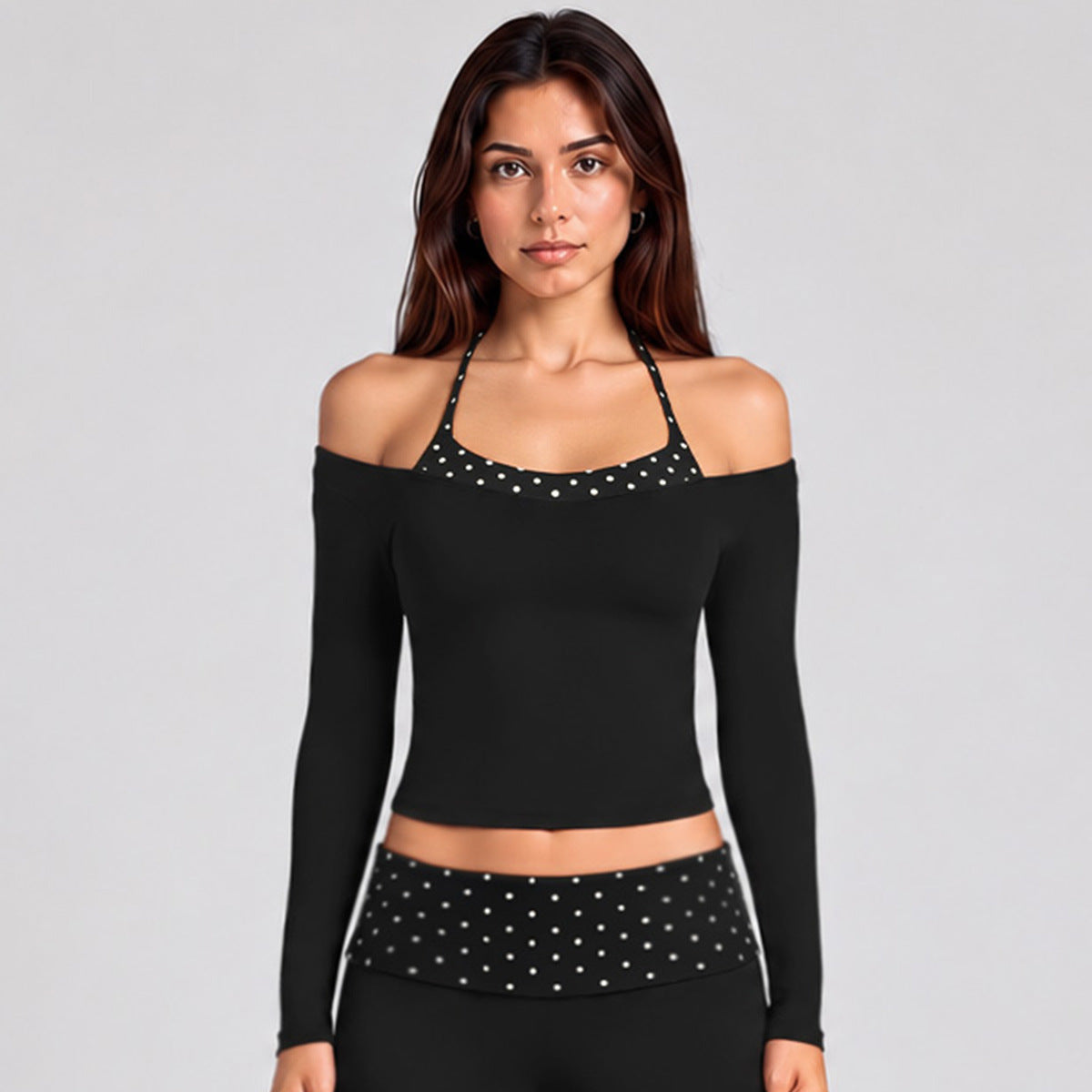 Wholesale Women’s Activewear Set | Long Sleeve Mock-Layer Halter Top & Straight-Leg Yoga Pants | fouregg - Long Sleeve Black with Black and White Dots