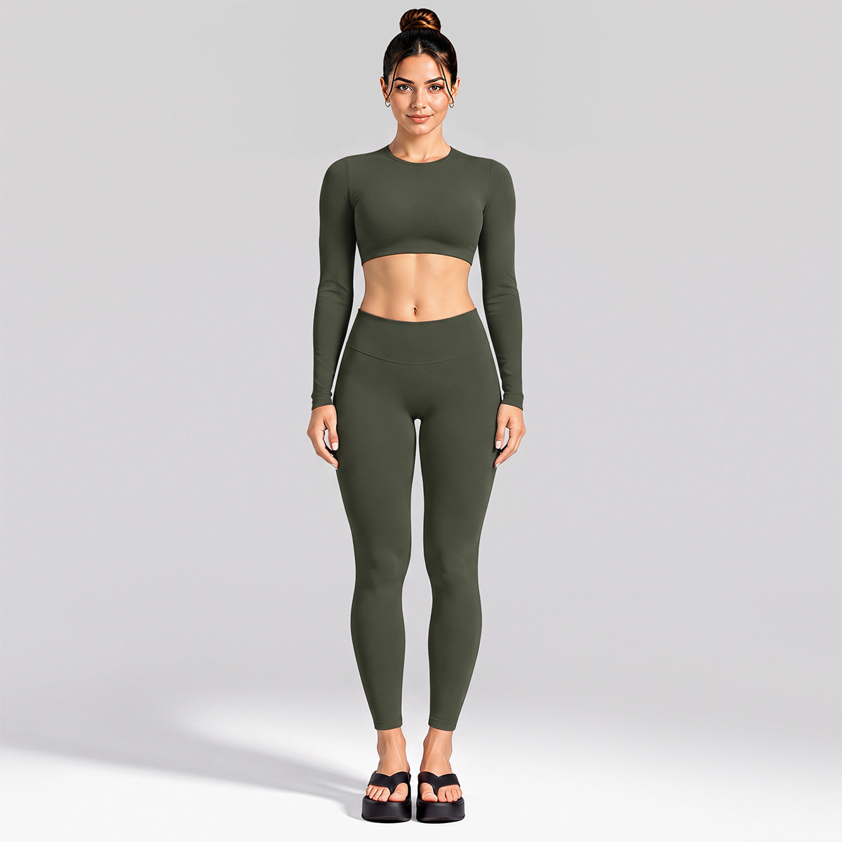 Wholesale Women’s Activewear Set | Cutout Back Long Sleeve Tee & High-Waisted Loose Pants | fouregg - Long Sleeve + Leggings Olive Green