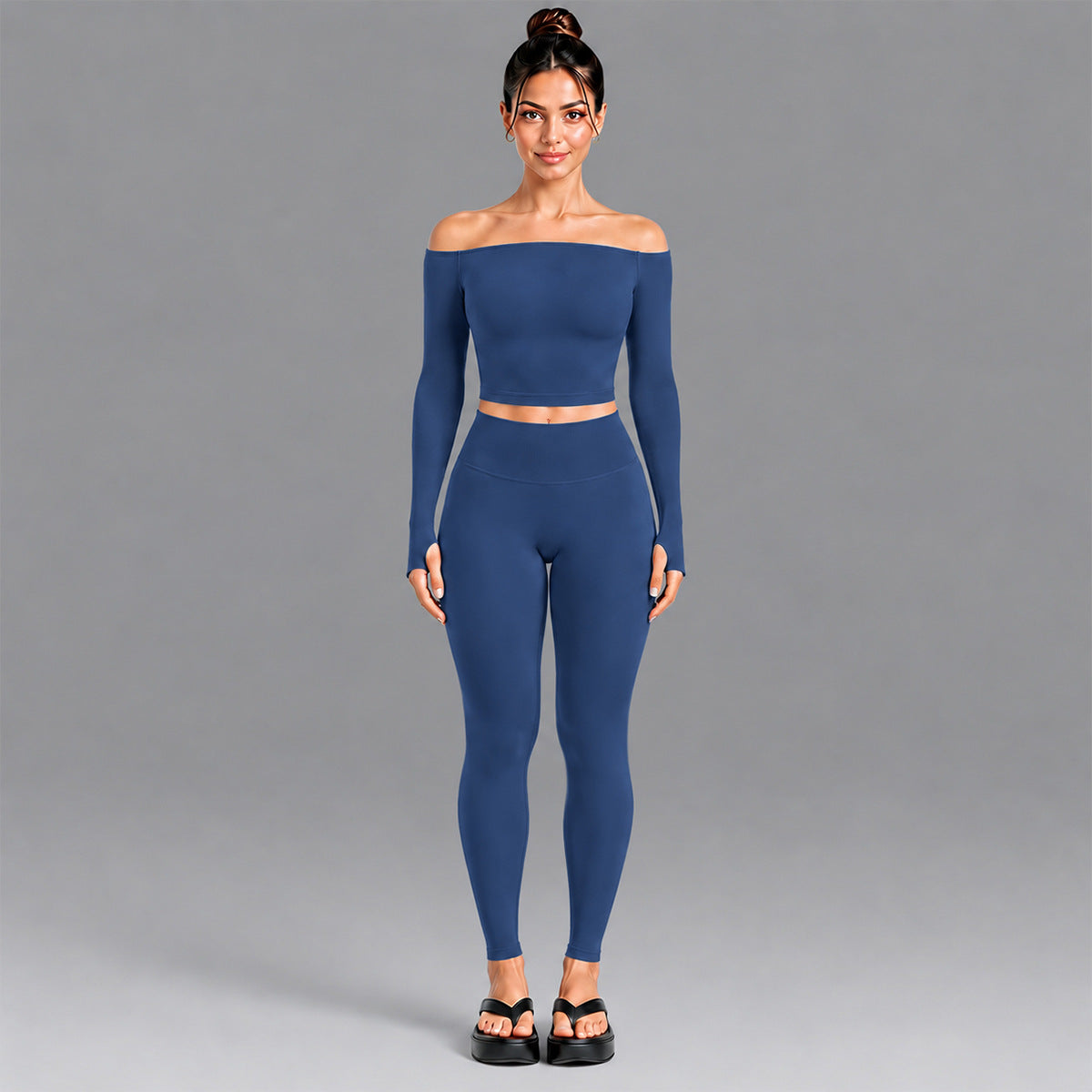 Wholesale Women’s Seamless Activewear Set | Slim-Fit Off-Shoulder Top & Peach-Lift Yoga Pants | fouregg - Long Sleeve + Pants Steel Blue