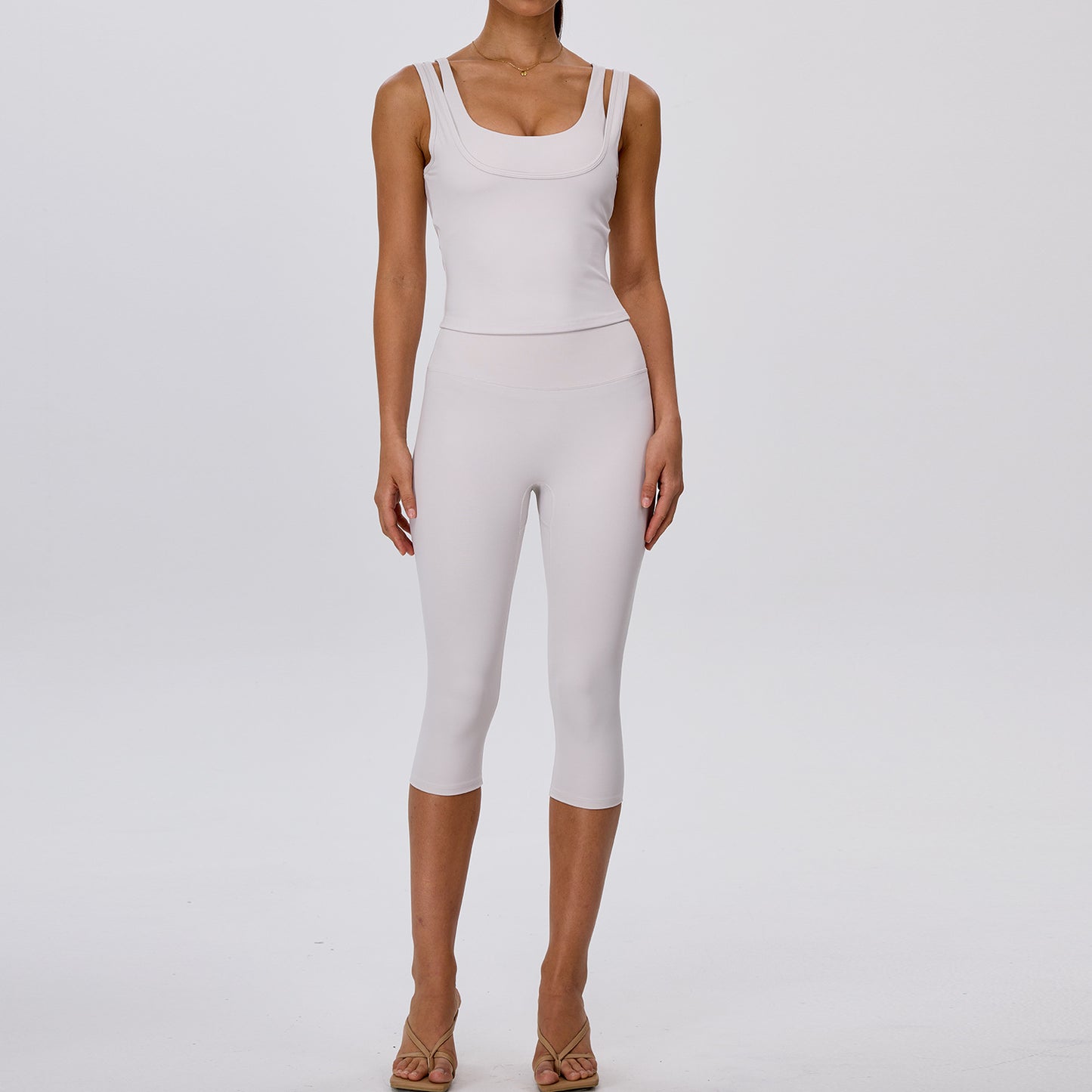 Wholesale Square Neck Fake Two-Piece Strappy Back Yoga Tank Top | Bulk Activewear Workout Top | fouregg