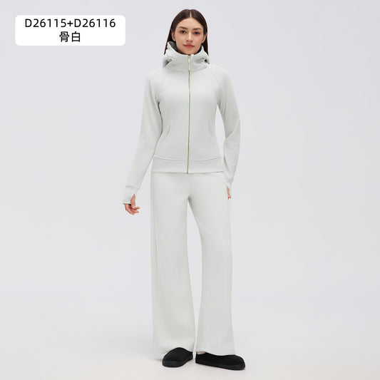 Wholesale Women’s Winter Activewear Set | Relaxed-Fit Fleece Hoodie & Straight-Leg Joggers | fouregg - Bone White