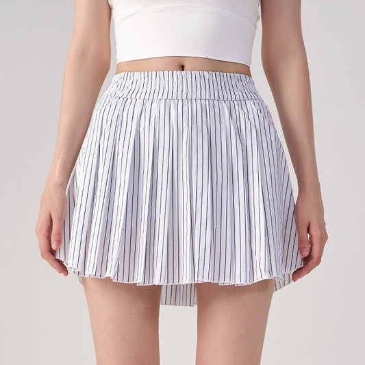 Wholesale Women’s Pleated Tennis Skirt | Bulk A-Line Workout & Fitness Skorts | fouregg - Striped White Blue / Striped White Blue