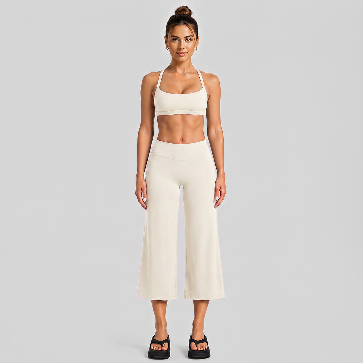 Wholesale Women’s Activewear Set | Halter Neck Sports Bra for Running, Cycling & Pilates | fouregg - Wide-Leg Mid-Length Set, Egg White