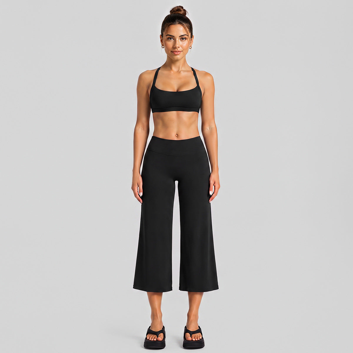 Wholesale Women’s Activewear Set | Halter Neck Sports Bra for Running, Cycling & Pilates | fouregg - Wide-Leg Mid-Length Set, Black