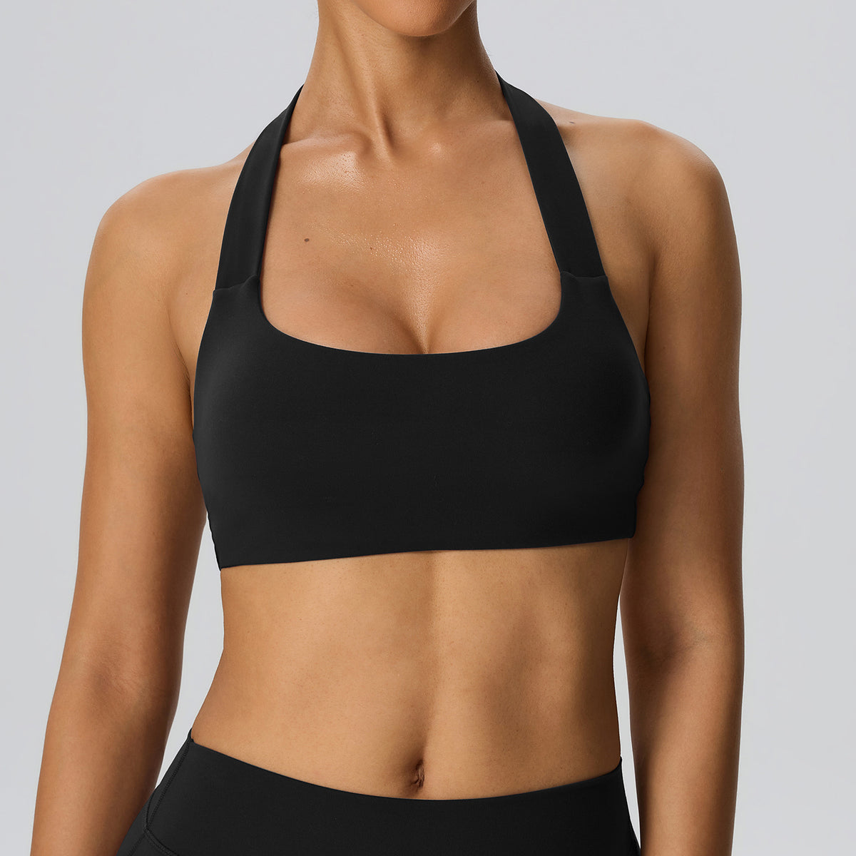 Wholesale Women’s Double-Brushed Sports Bra | Bulk Open-Back Halter Fitness Top 62768 | fouregg - Black