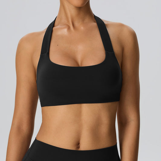 Wholesale Women’s Double-Brushed Sports Bra | Bulk Open-Back Halter Fitness Top 62768 | fouregg - Black