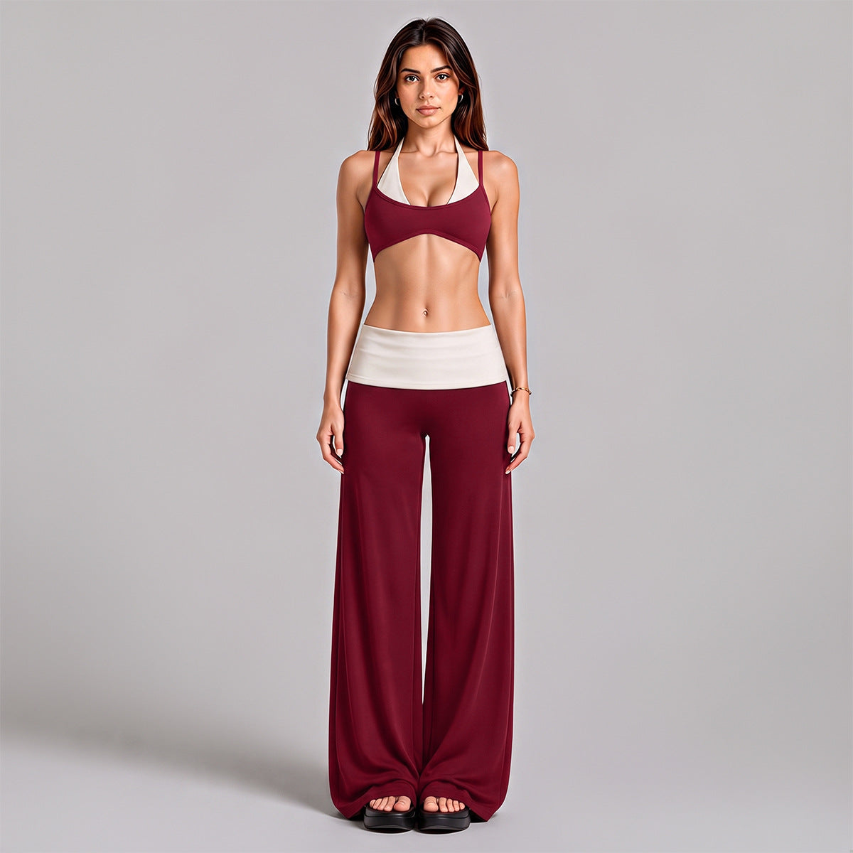Wholesale Women’s Activewear Set | Backless Halter Bra & Color-Block High-Waisted Yoga Pants | fouregg - Underwear + Long Pants, Rumba Red