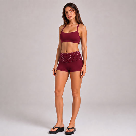 Wholesale Women’s Quick-Dry Activewear Set | Open-Back Halter Bra & Polka Dot Workout Pants | fouregg - Shorts + underwear, Rumba red