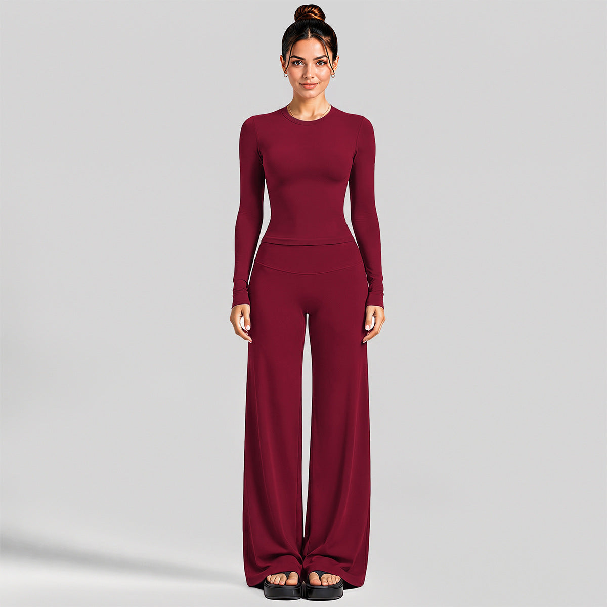 Wholesale Women’s Activewear Set | Fitted Long Sleeve Tee & Loose Straight-Leg Workout Trousers | fouregg - Long Sleeve + Straight-Leg Pants, Rumba Red