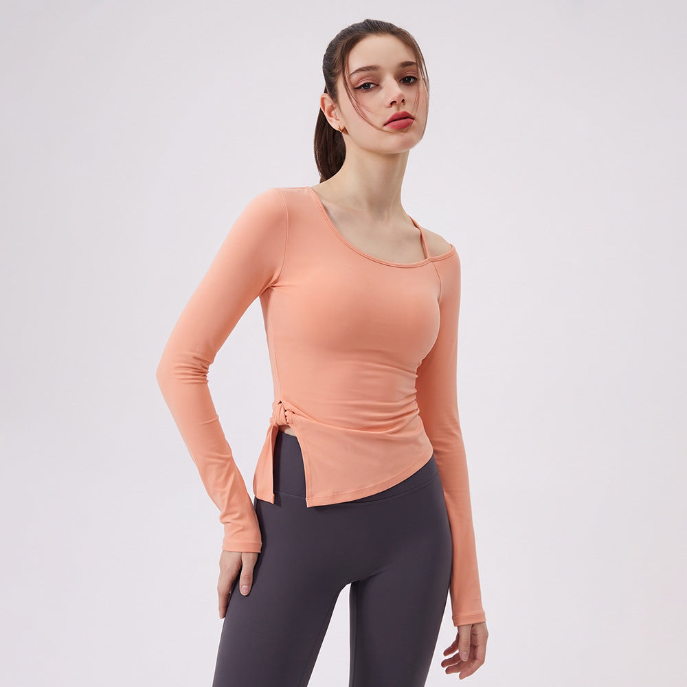 Wholesale Women’s Bow-Detail Workout Top | Split-Hem Off-Shoulder Running & Yoga Activewear | fouregg