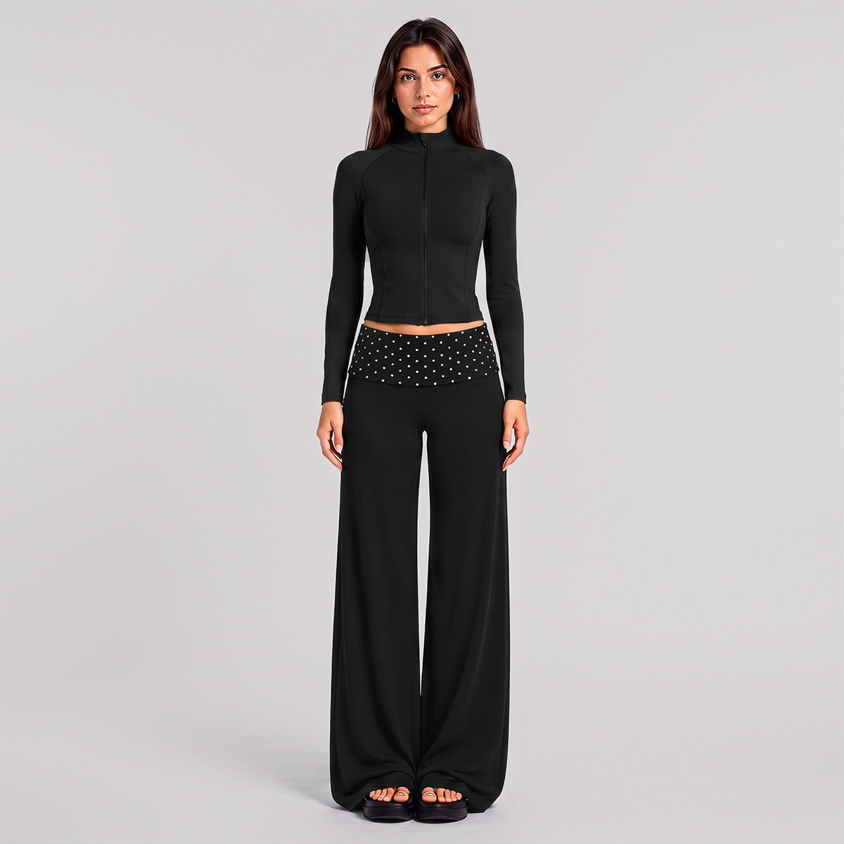 Wholesale Women’s Activewear Set | Slim-Fit Zip-Up Jacket & Contrast Polka Dot Foldover Waist Pants | fouregg - Black