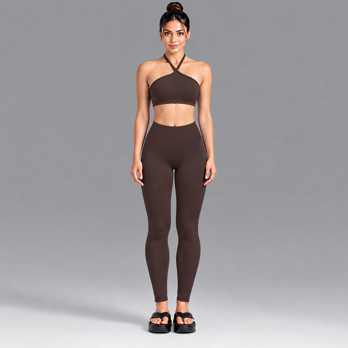 Wholesale Women’s Activewear Set | Contrast Stripe Workout Top & Casual Fitness Leggings | fouregg - Underwear + Leggings, Dark Coffee