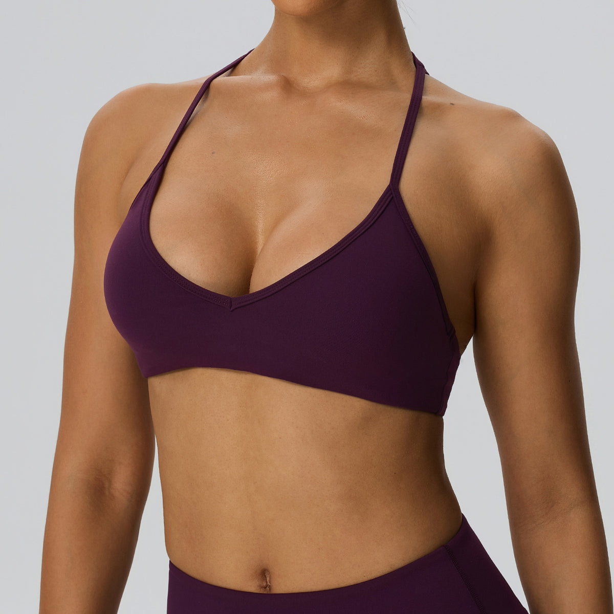 Wholesale Women’s Double-Brushed Sports Bra | Bulk V-Neck Halter Fitness & Yoga Wear 62767 | fouregg - PlumPurple