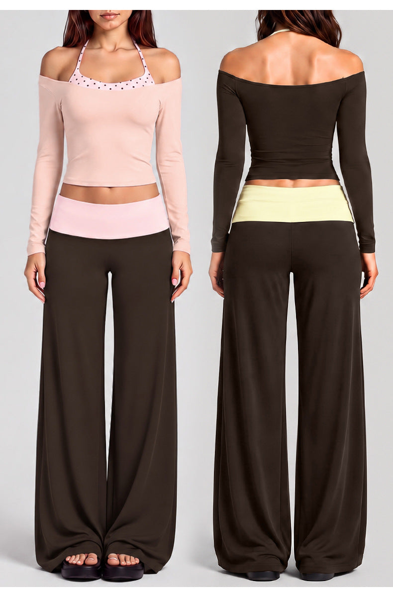 Wholesale Women’s Activewear Set | Long Sleeve Mock-Layer Halter Top & Straight-Leg Yoga Pants | fouregg