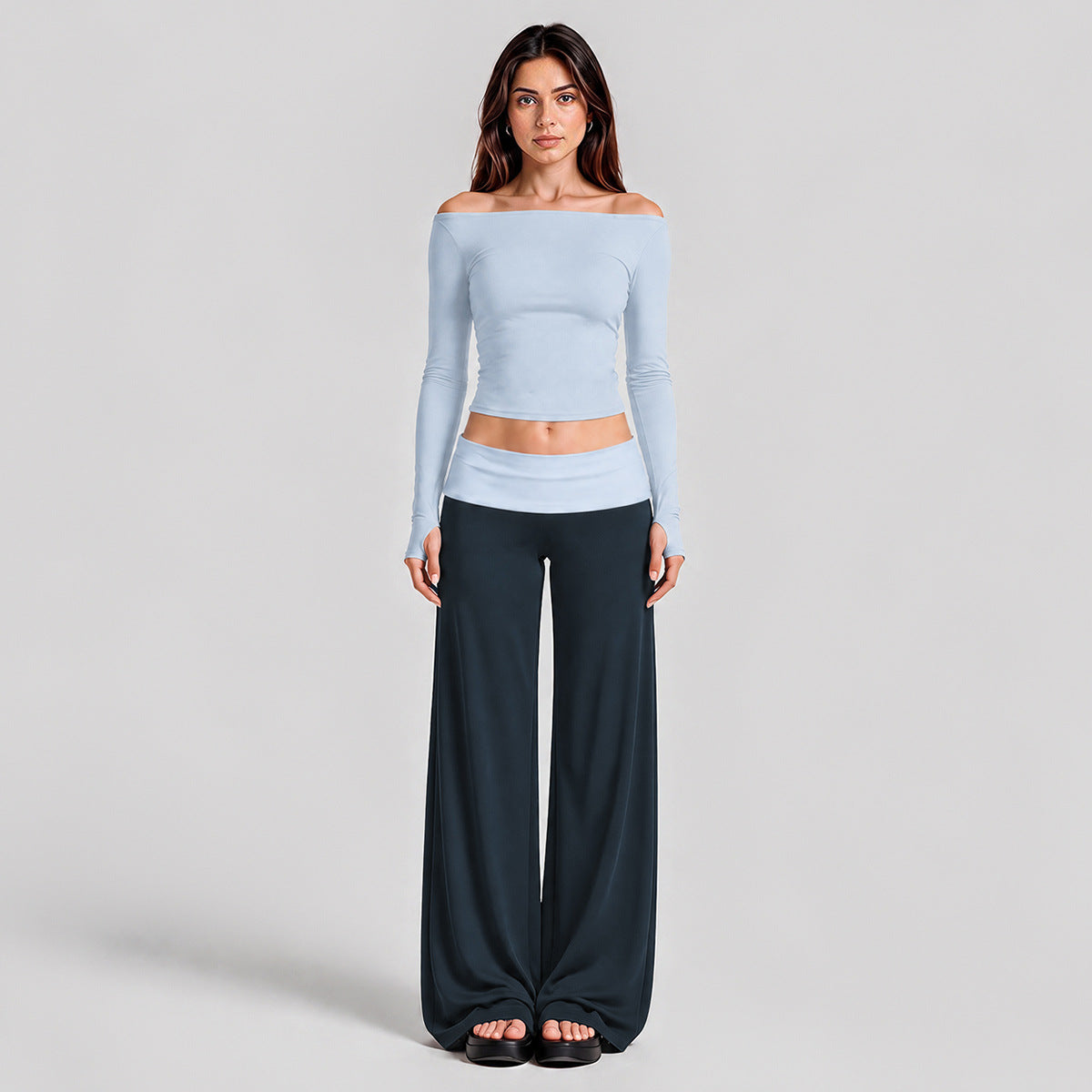 Wholesale Women’s Activewear Set | Quick-Dry Long Sleeve Off-Shoulder Top & High-Waisted Workout Pants | fouregg - Long Sleeve + Pants, Misty Blue