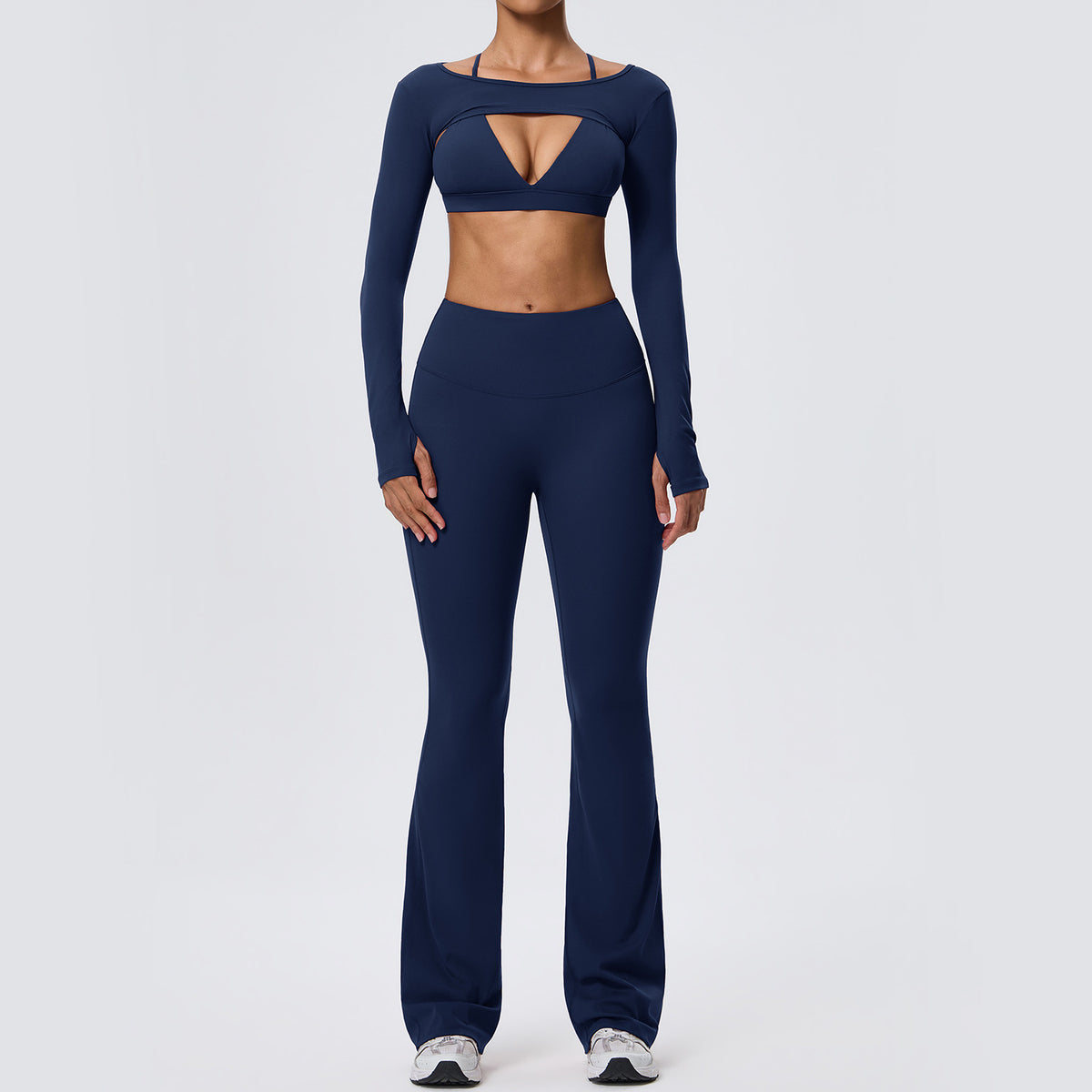 Wholesale Nude-Feel Activewear Set | Double-Brushed Bra, Butt-Lift Flare Pants & Cover-Up | fouregg - Navy