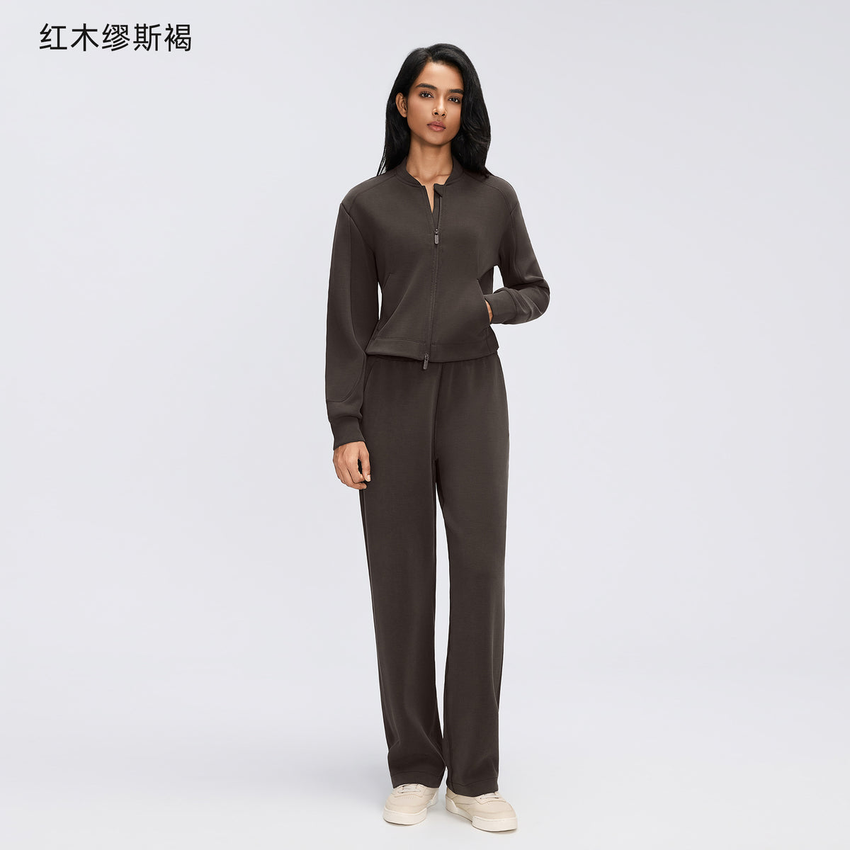 Wholesale Women’s Casual Activewear Set | Relaxed Cropped Sports Jacket & Straight-Leg Trousers | fouregg - Mahogany Muse Brown D26156+D26157