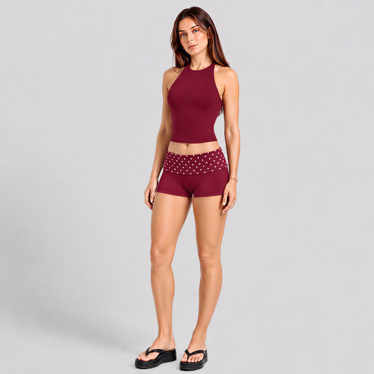 Wholesale Women’s Activewear Set | Halter Sports Top & Contrast Polka Dot Workout Pants | fouregg - Tank Top + Shorts, Salsa Red
