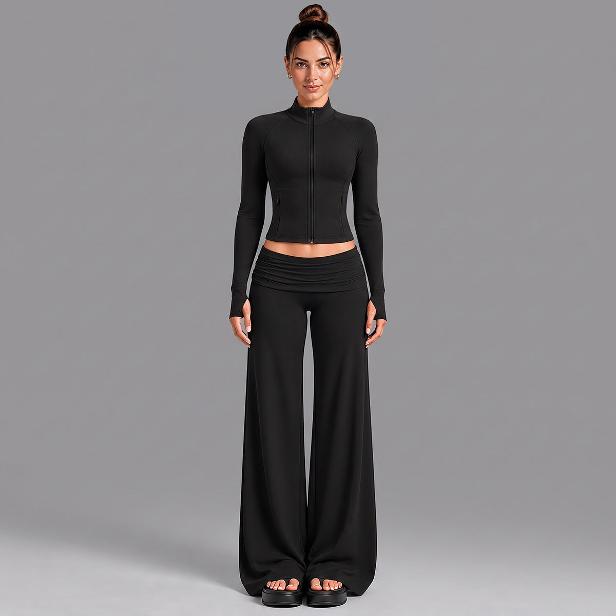 Wholesale Women’s Activewear Set | Quick-Dry Color-Block Track Jacket & Polka Dot Yoga Pants | fouregg - XL37 Jacket + 6090 Pants, Black