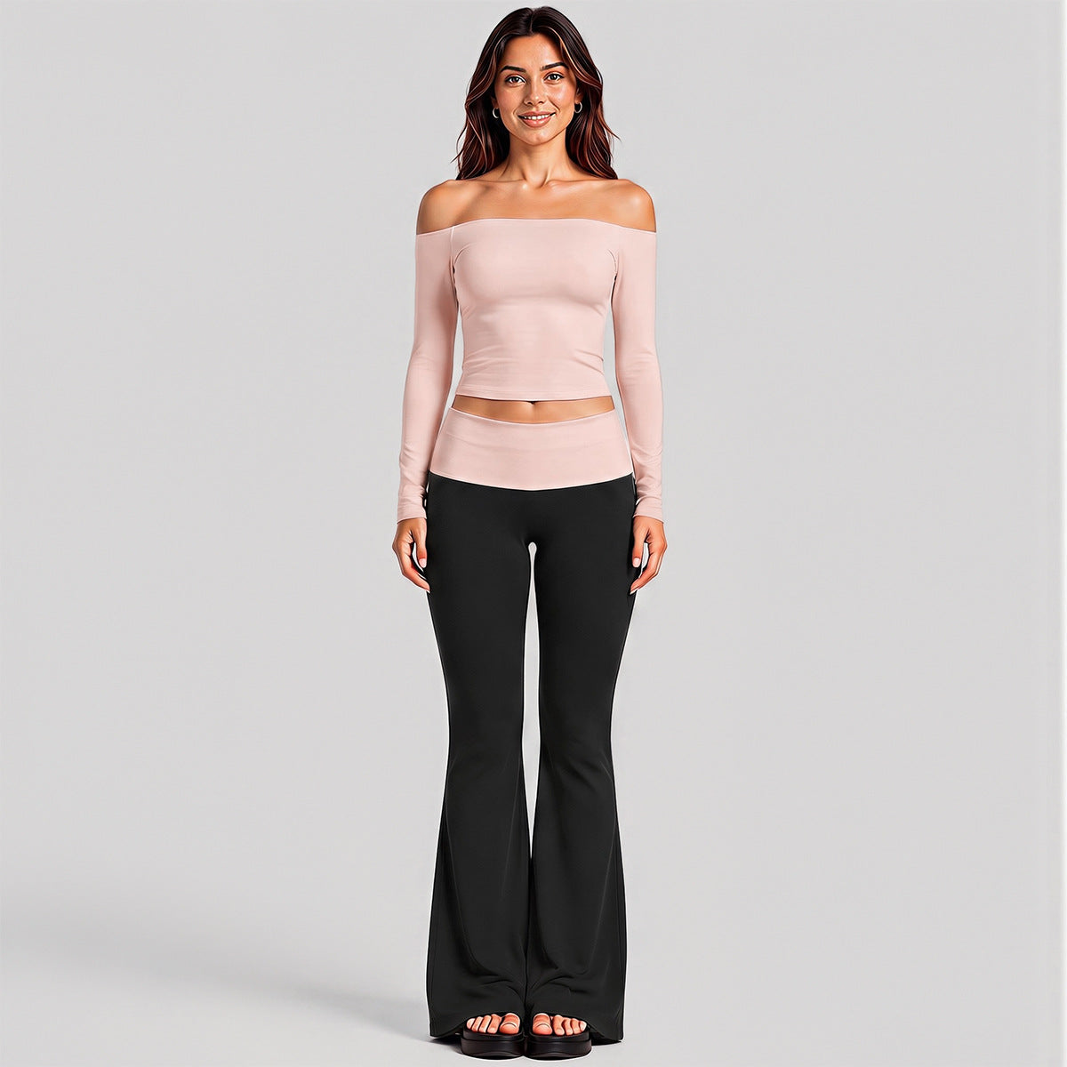 Wholesale Women’s Activewear Set | One-Shoulder Long Sleeve Top & High-Waisted Casual Yoga Pants | fouregg - Long Sleeve + Flared Pants, Gray Pink