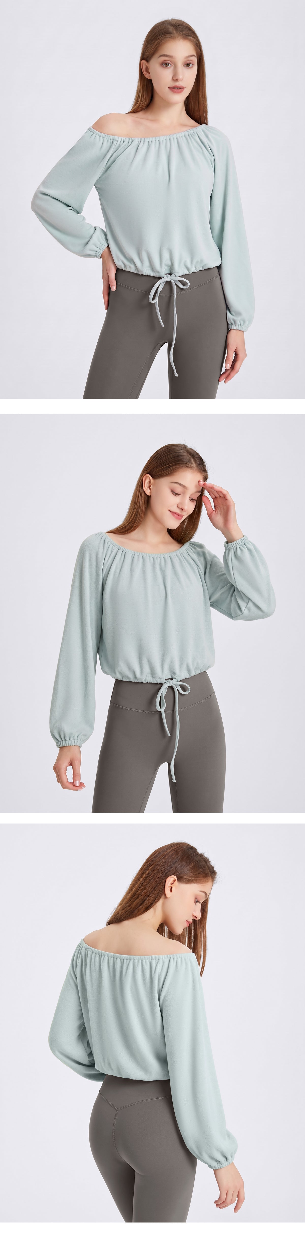 Wholesale Women’s Activewear Top | Slim-Fit Drawstring Off-Shoulder Warm-Up Shirt | fouregg