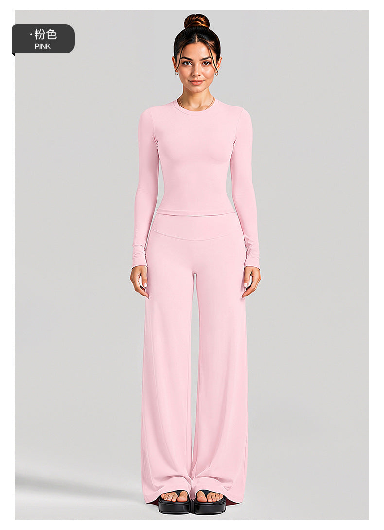 Wholesale Women’s Activewear Set | Fitted Long Sleeve Tee & Loose Straight-Leg Workout Trousers | fouregg