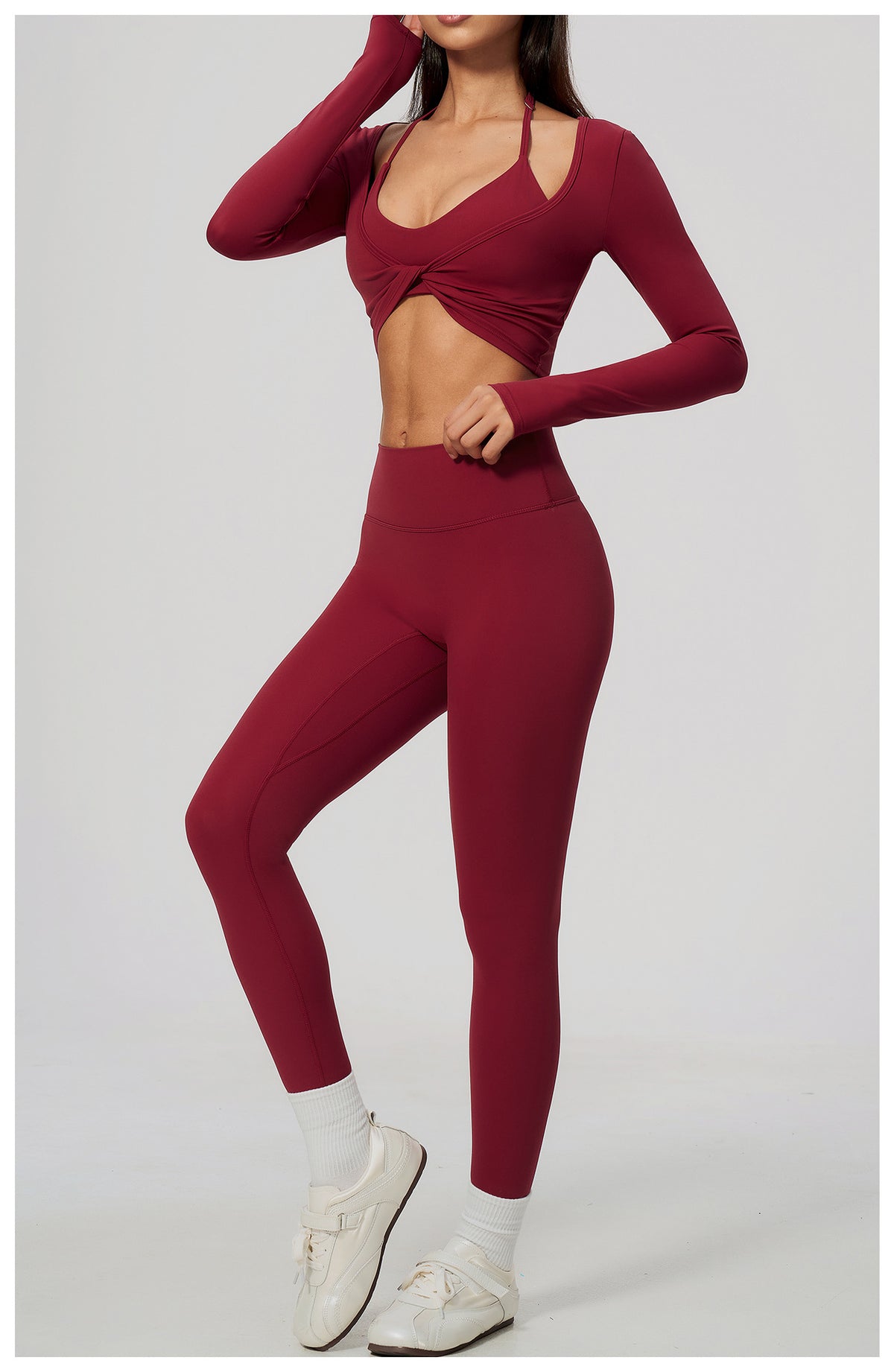 Wholesale Women’s Brushed Activewear Set 5529 | Slim-Fit Halter, Stand-Collar Jacket & Sculpting Pants | fouregg