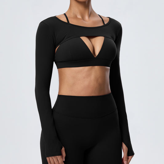Wholesale Women’s Long-Sleeve Yoga Cover-Up | Bulk Stretch Activewear 62538 | fouregg - Black