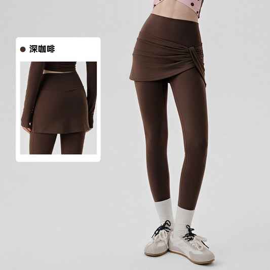 Wholesale Women’s 2-in-1 Yoga Pants | Bulk Butt-Lifting Leggings with Hip-Covering Overlay | fouregg - Dark Brown